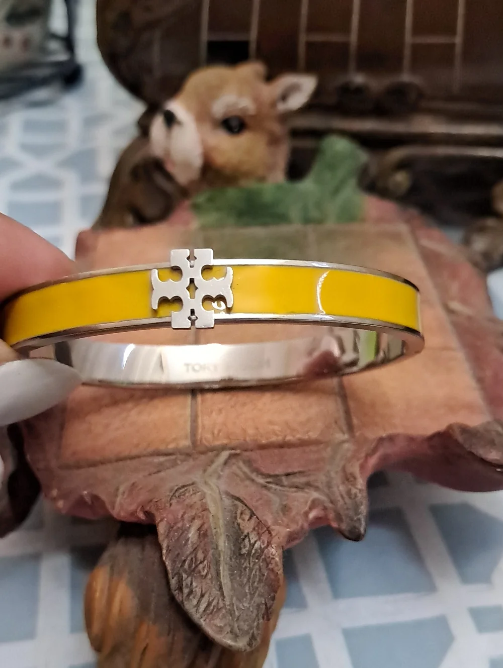Fashion Jewelry Yellow Enamel Bangle Bracelet with Logo Accent